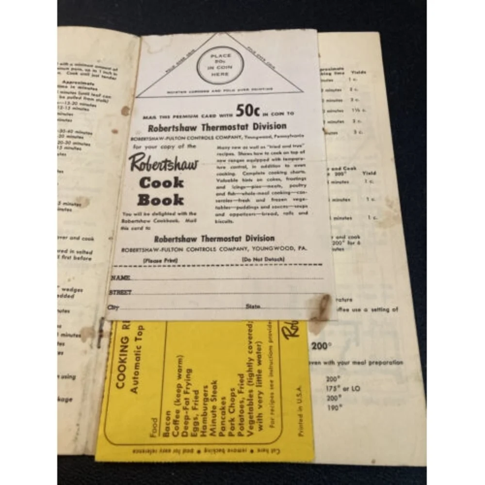 Vtg Robertshaw Thermal Eye Range Thermostat Instruction Cooking Suggestion Table